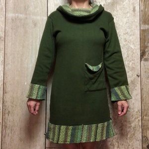 long sleeve green dress, warm knit, cowel neck